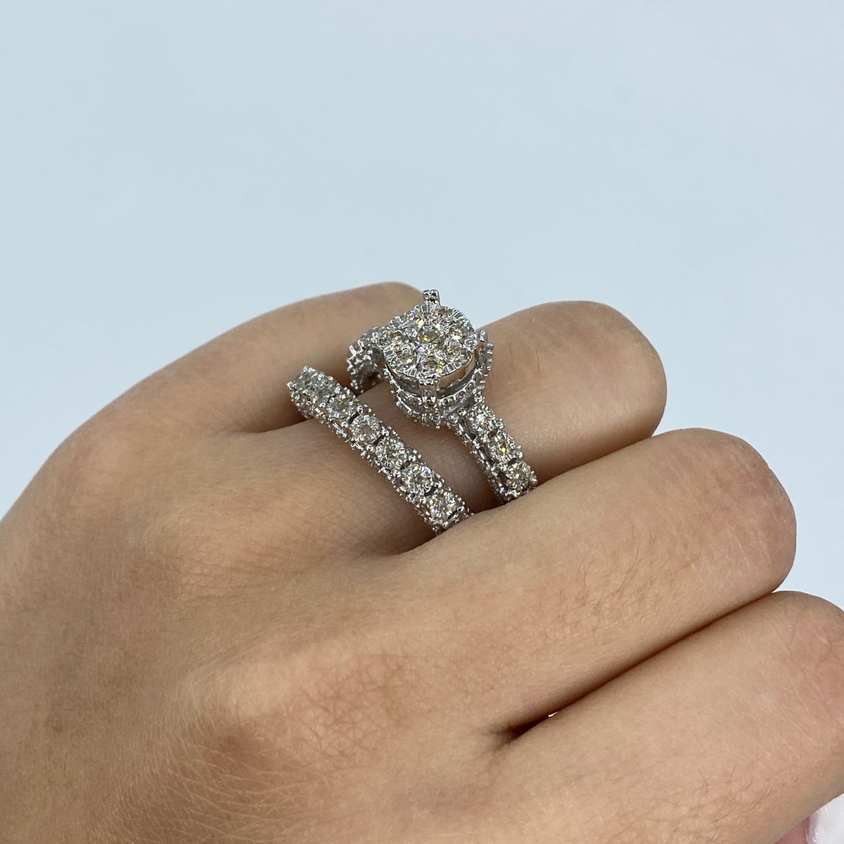 14K Gold Bloom Circle Diamond Engagement Ring with Stacking Band in white gold - close-up product photo