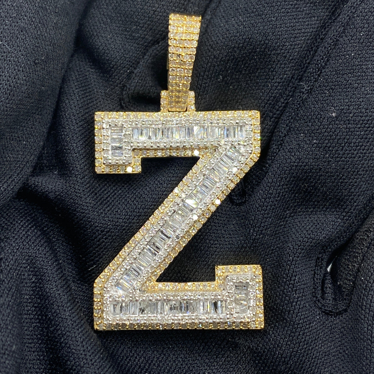 10K Gold Varsity Initial Letter Diamond Baguette Pendants Full Collection in yellow gold - close-up product photo