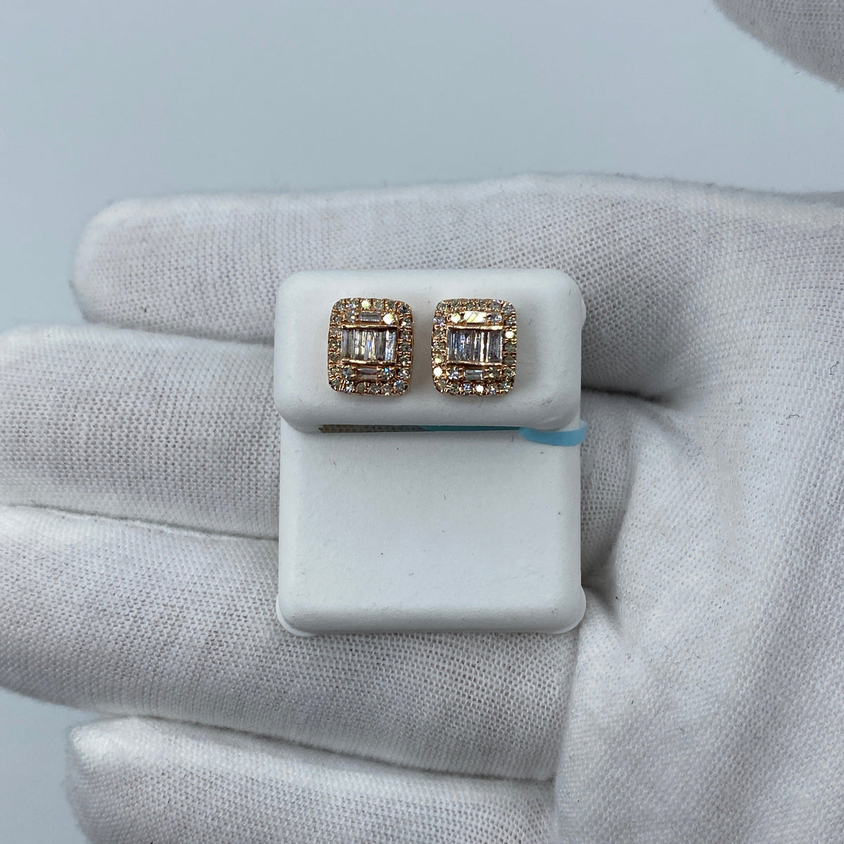 14K Gold Jumbo Rectangle Halo Diamond Baguette Earrings in rose gold - close-up product photo