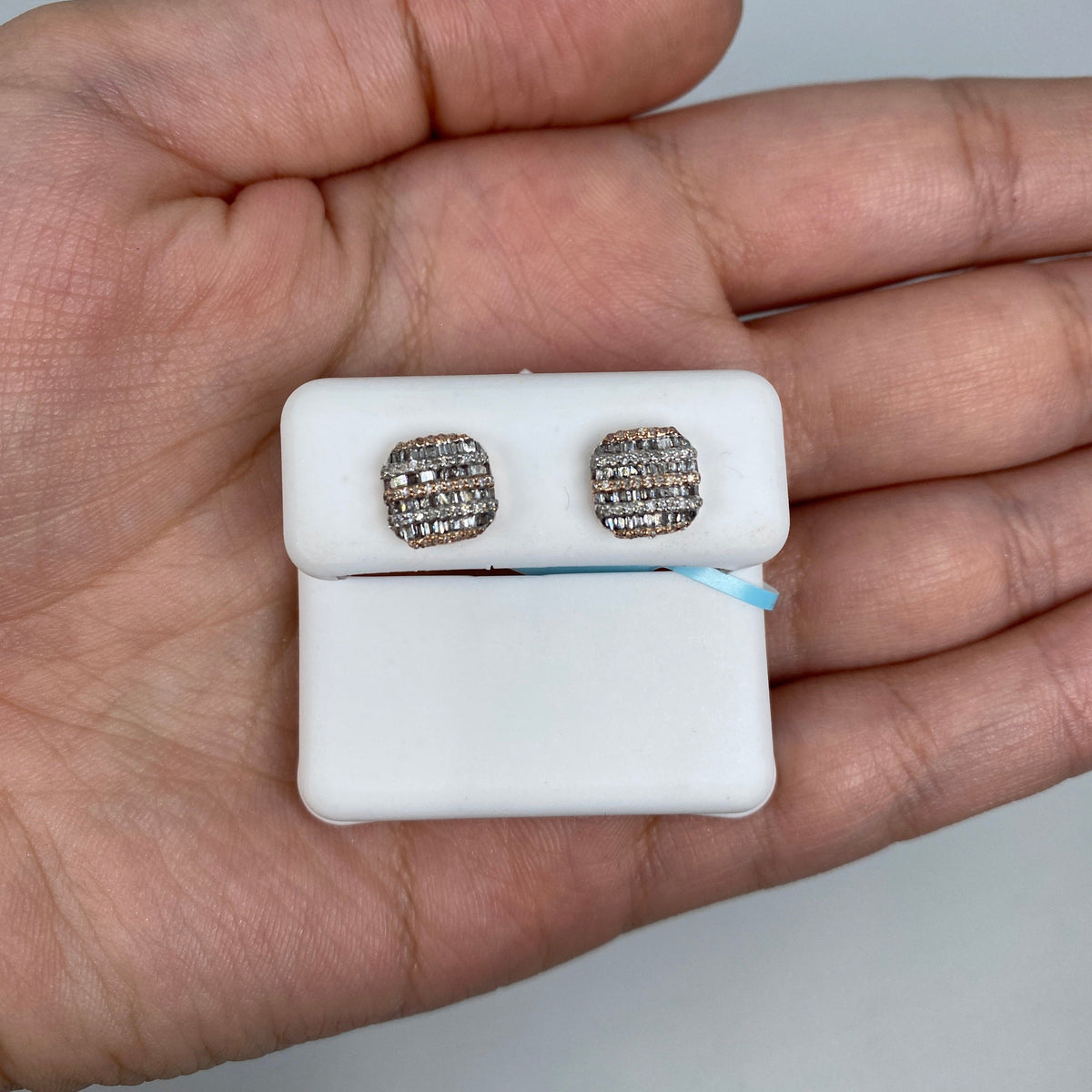 14K Gold Square Stacked Diamond Baguette Earrings in rose gold - close-up product photo
