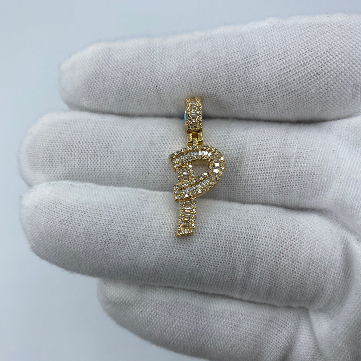 14K Gold Initial P Diamond Baguette Pendant in yellow gold, Small - close-up product photo