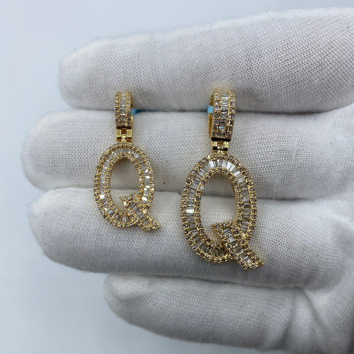 14K Gold Bamboo Initial Letter Diamond Baguette Pendants Full Collection in yellow gold, Small - close-up product photo