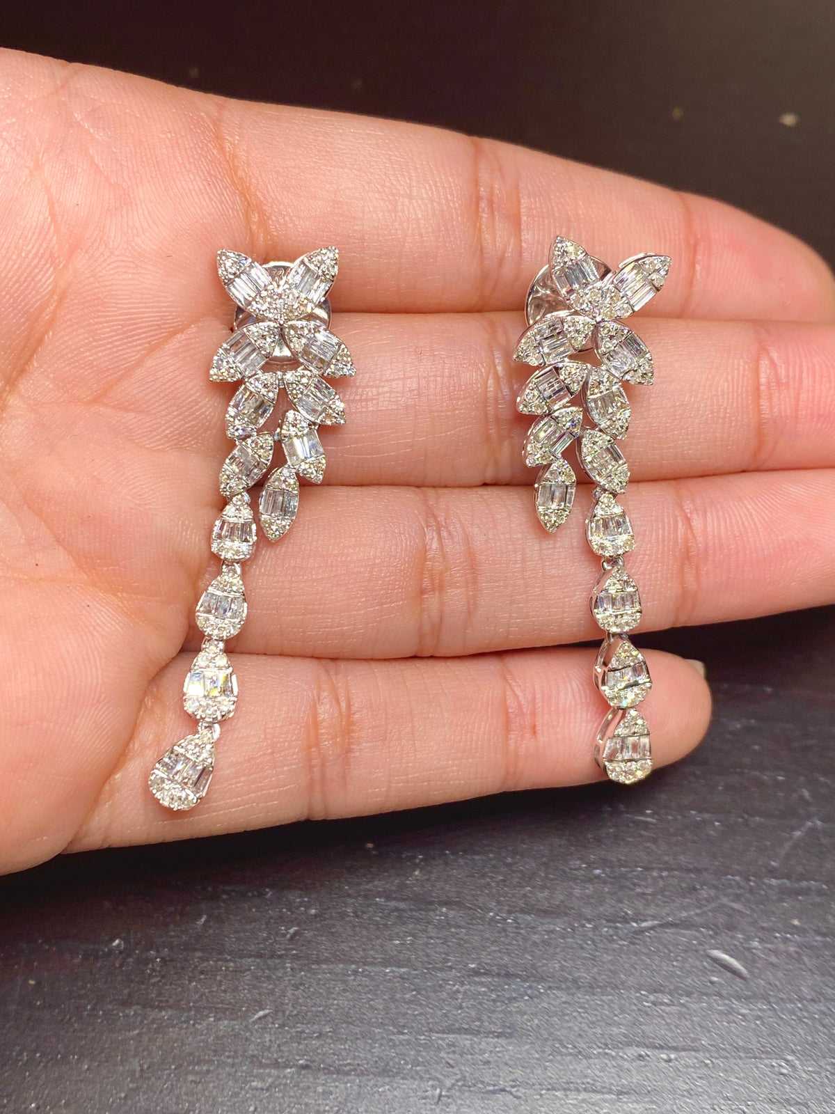 14K Gold Bridal Flower Baguette Hanging Diamond Earrings - additional product view 4