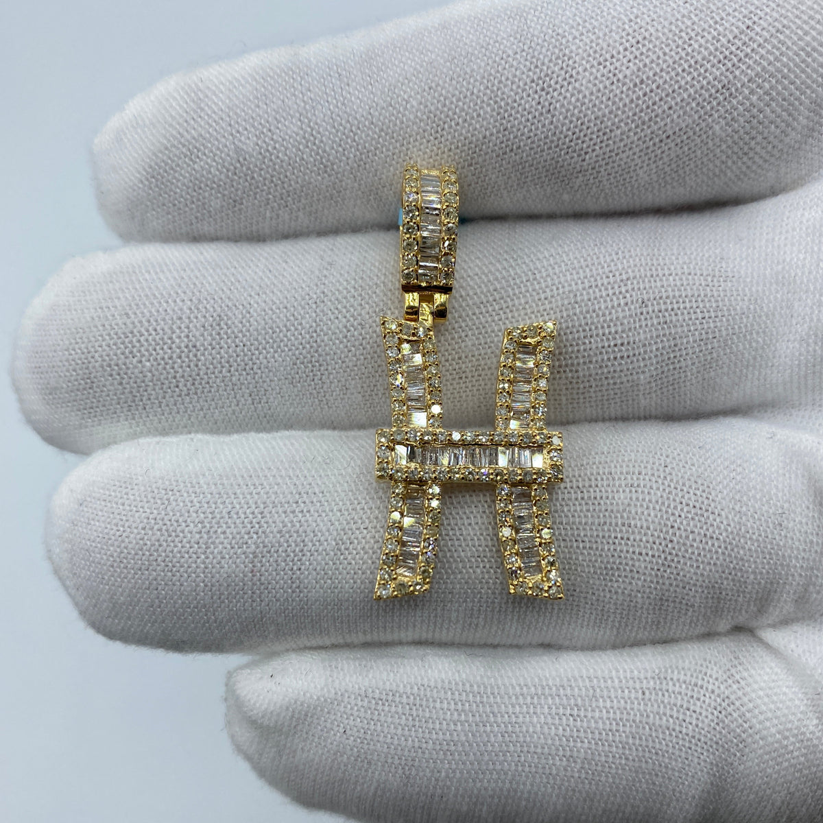 14K Gold Initial H Diamond Baguette Pendant in yellow gold, Large - close-up product photo