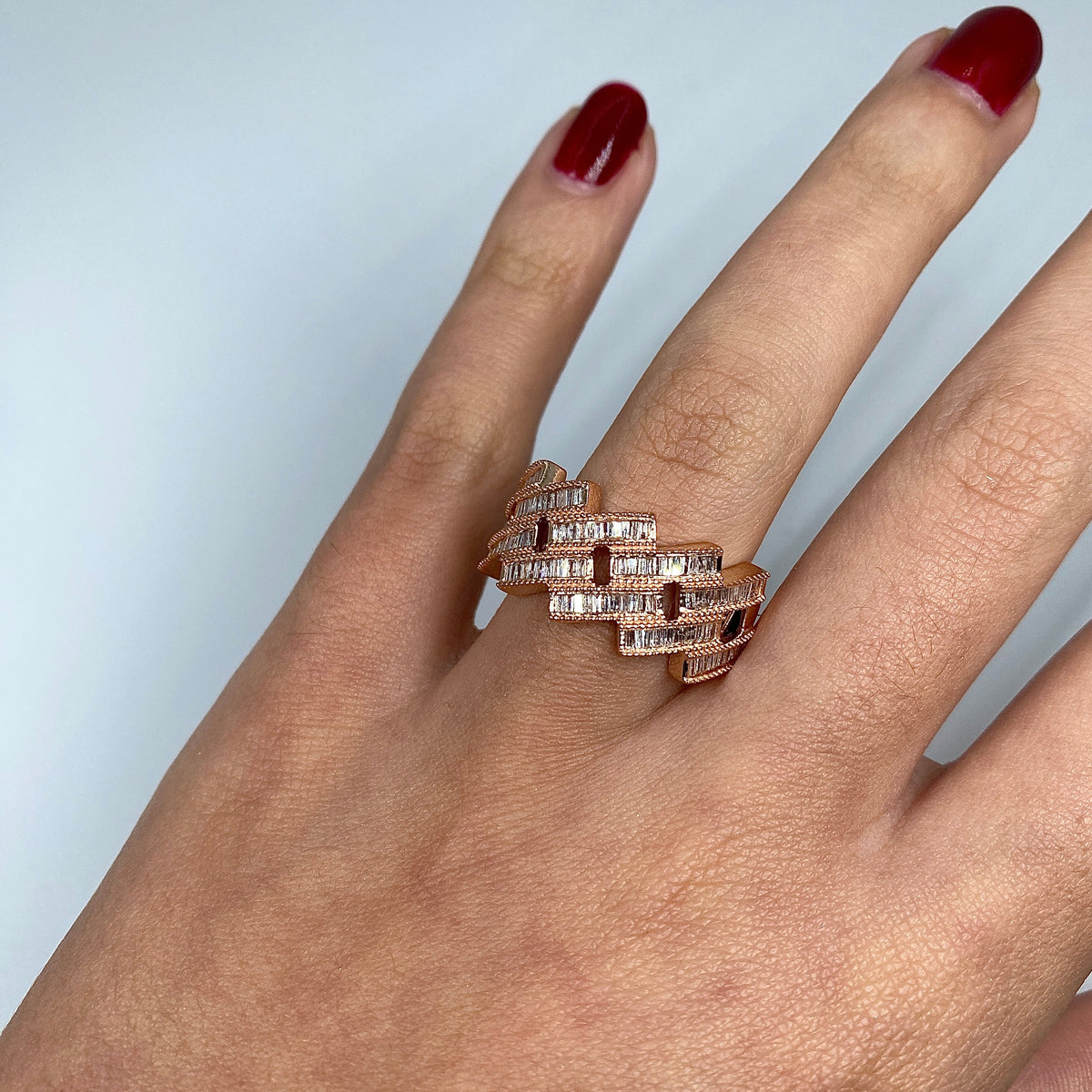 14K Gold Cuban Link Diamond Baguette Ring in rose gold - close-up product photo