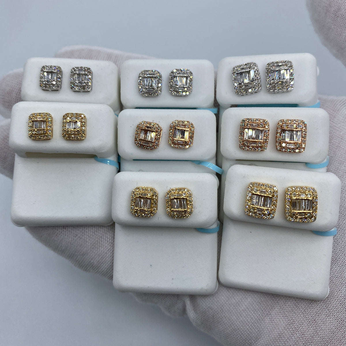 14K Gold Large Rectangle Halo Diamond Baguette Earrings - additional product view 2