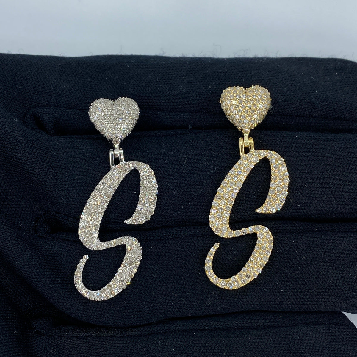 14K Gold Script Initial Letter Heart Diamond Pendants Full Collection in yellow gold - close-up product photo