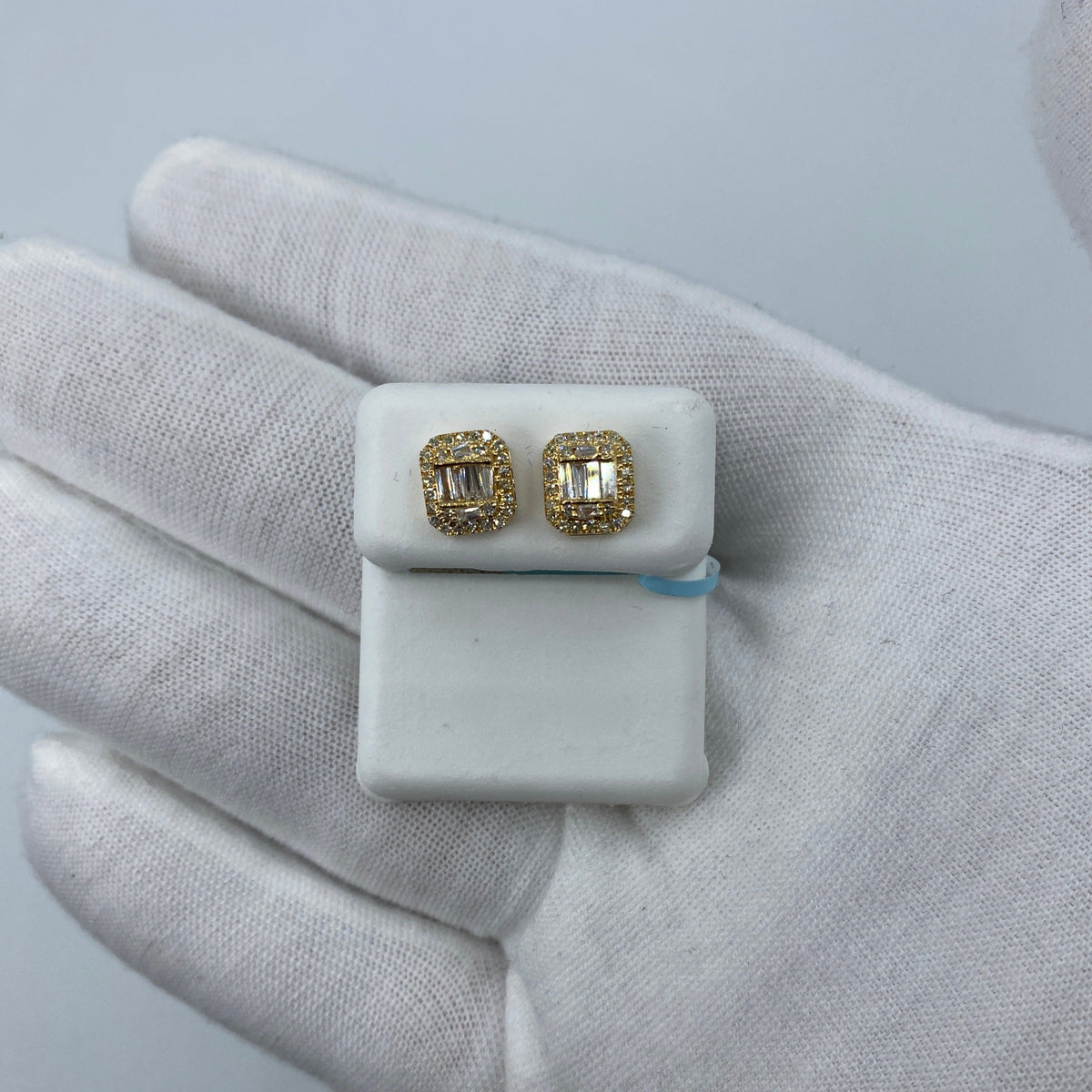 14K Gold Large Rectangle Halo Diamond Baguette Earrings in yellow gold - close-up product photo