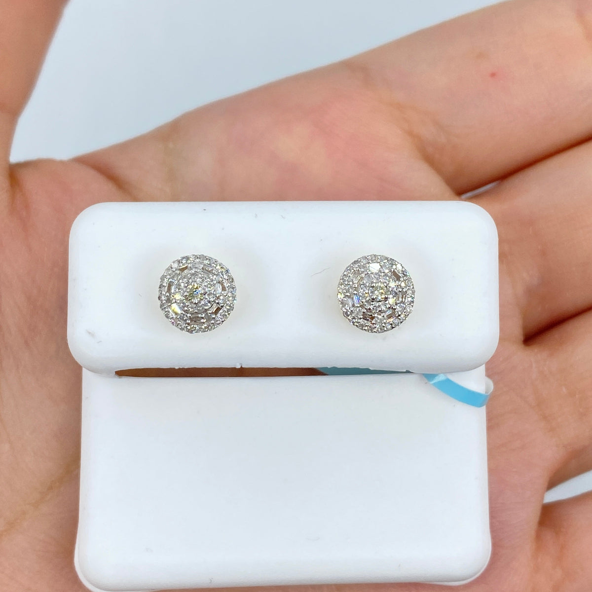 14K Gold 3D Circle Halo Diamond Baguette Earrings in yellow gold - close-up product photo