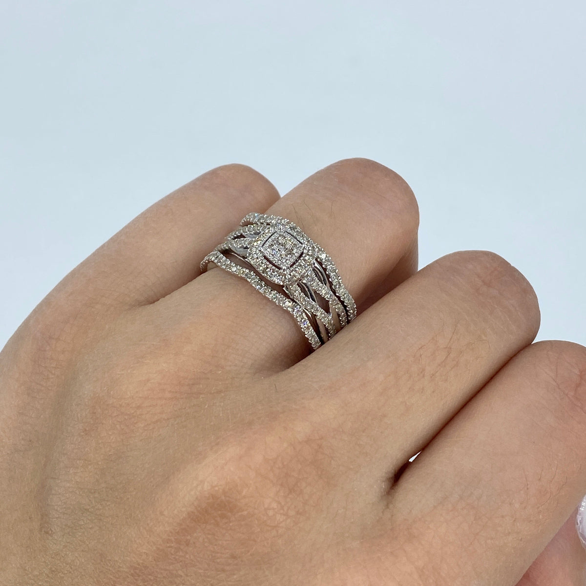 14K Gold Romance Square Diamond Engagement Ring with Stack Bands in white gold - close-up product photo
