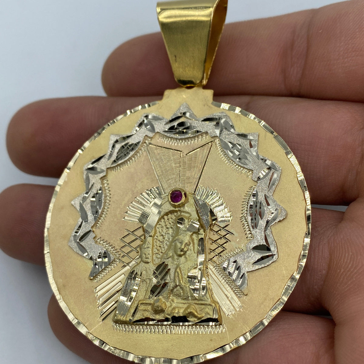 14K Gold Saint Caridad Del Cobre Round Medallion Pendant 2.75 in - additional product view 3