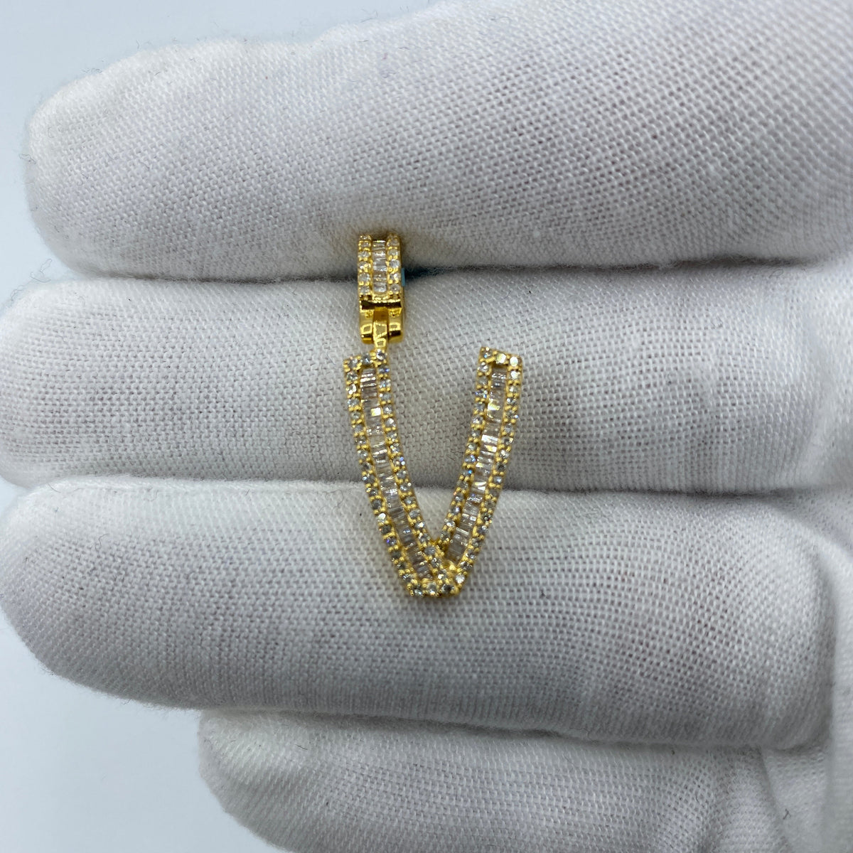 14K Gold Initial V Diamond Baguette Pendant in yellow gold, Small - close-up product photo