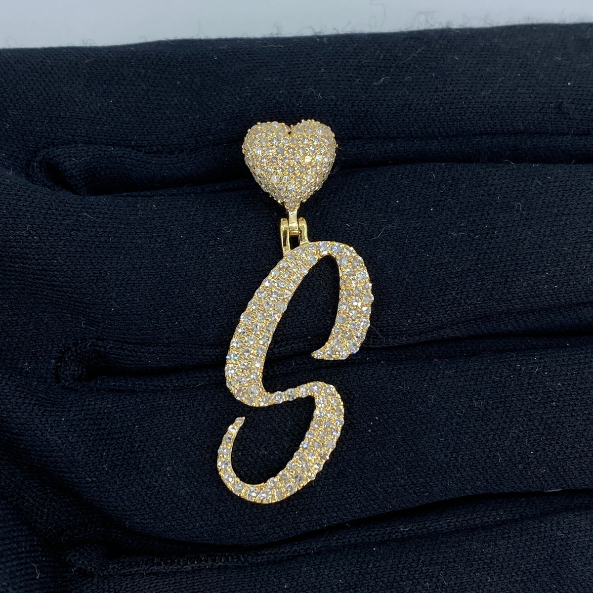 14K Gold Initial S Script Heart Diamond Pendant in yellow gold - close-up product photo
