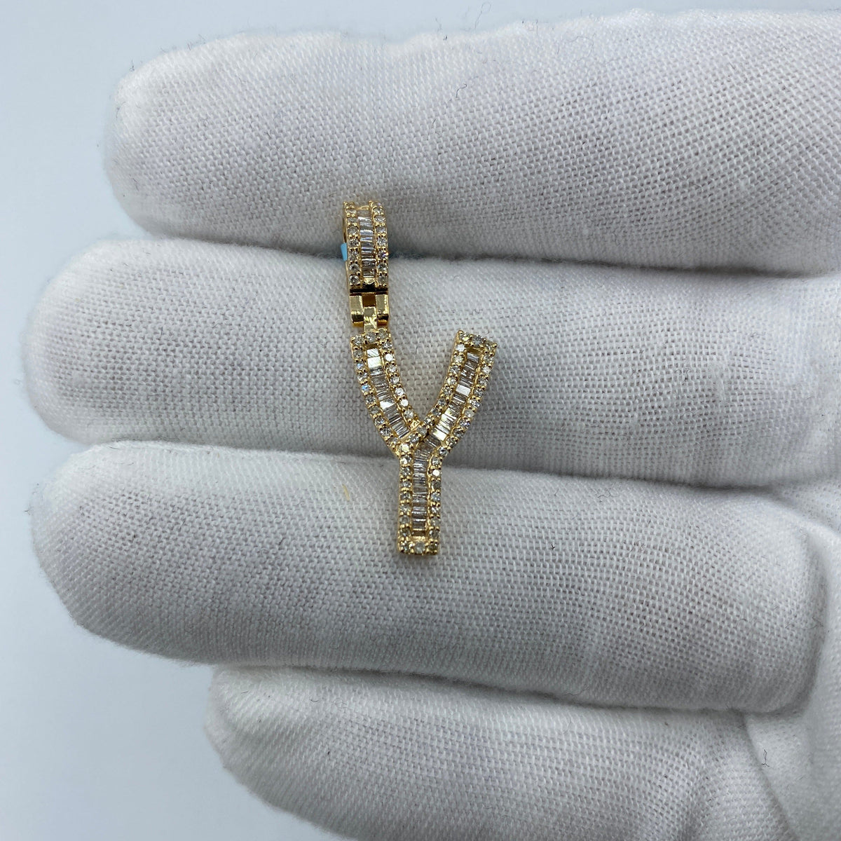 14K Gold Initial Y Diamond Baguette Pendant in yellow gold, Small - close-up product photo
