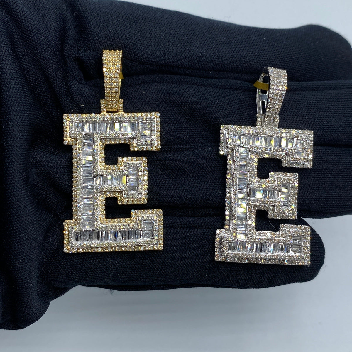 10K Gold Varsity Initial Letter Diamond Baguette Pendants Full Collection in yellow gold - close-up product photo