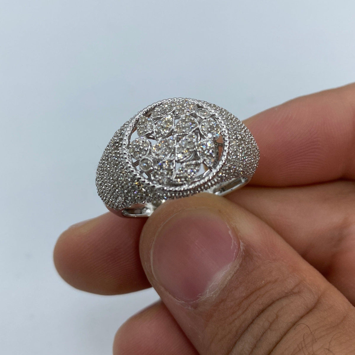 10K Gold Floral Round Diamond Ring in white gold - close-up product photo