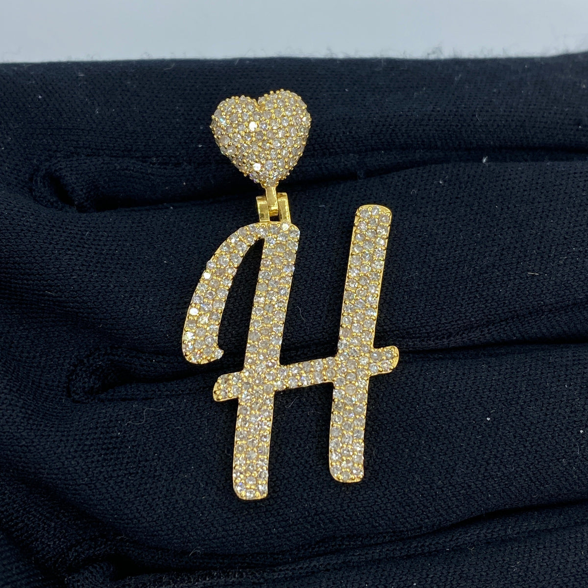 14K Gold Initial H Script Heart Diamond Pendant in yellow gold - close-up product photo