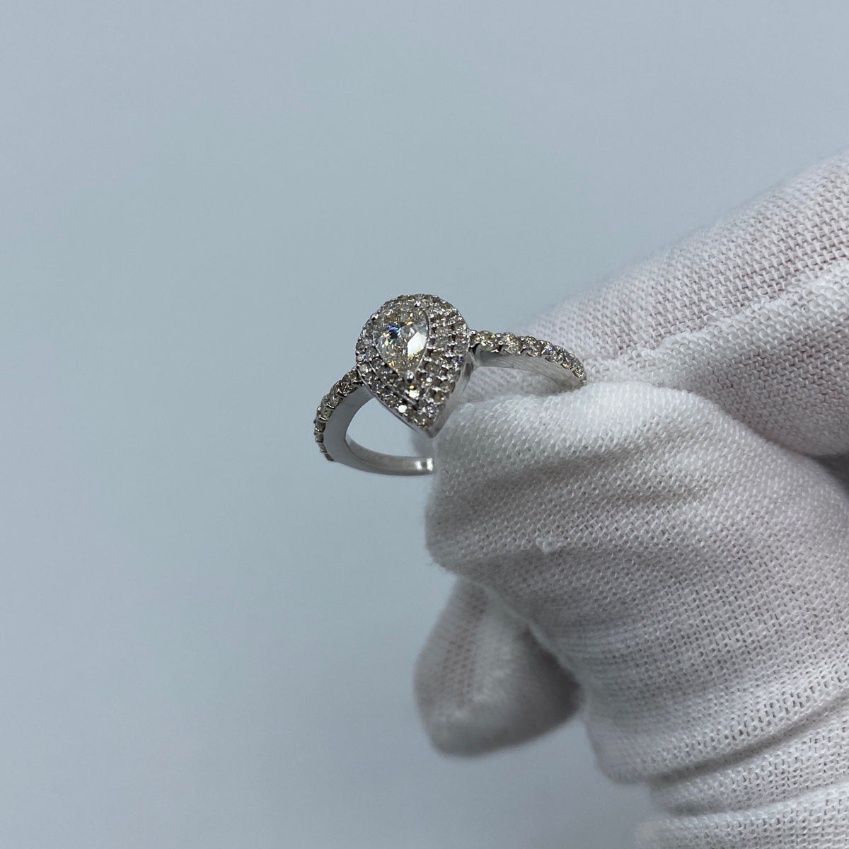 14K Gold Large Pear Stone Diamond Engagement Ring in white gold - close-up product photo
