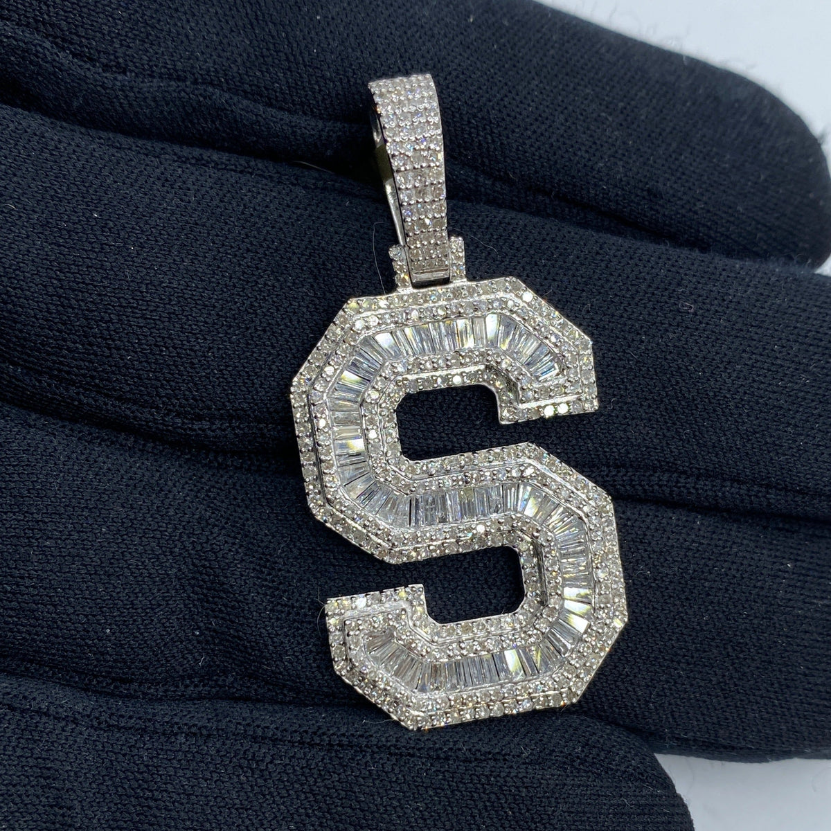 Initial S Baguette Diamond Pendant in white - close-up product photo