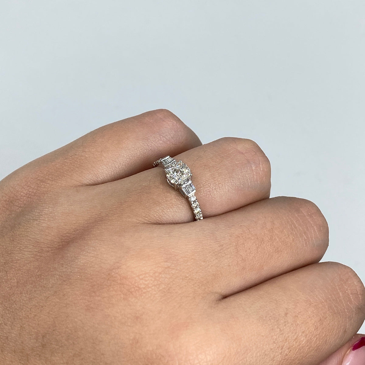 14K Gold Baguette Diamond Unity Engagement Ring in white gold - close-up product photo