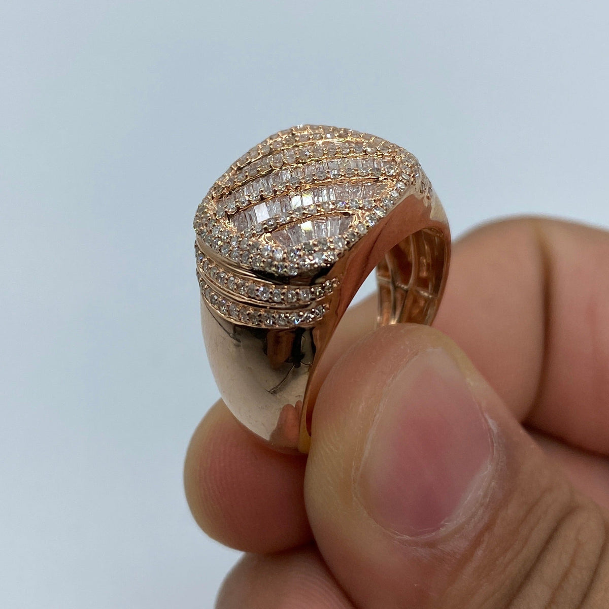 10K Gold Round Championship Diamond Baguette Ring in rose gold - close-up product photo