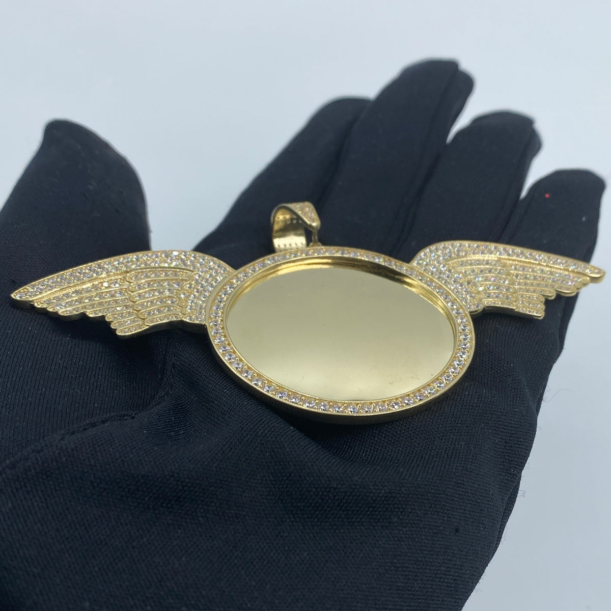 10K Gold Circle Angel Wings Picture Photo CZ Pendant - additional product view 3