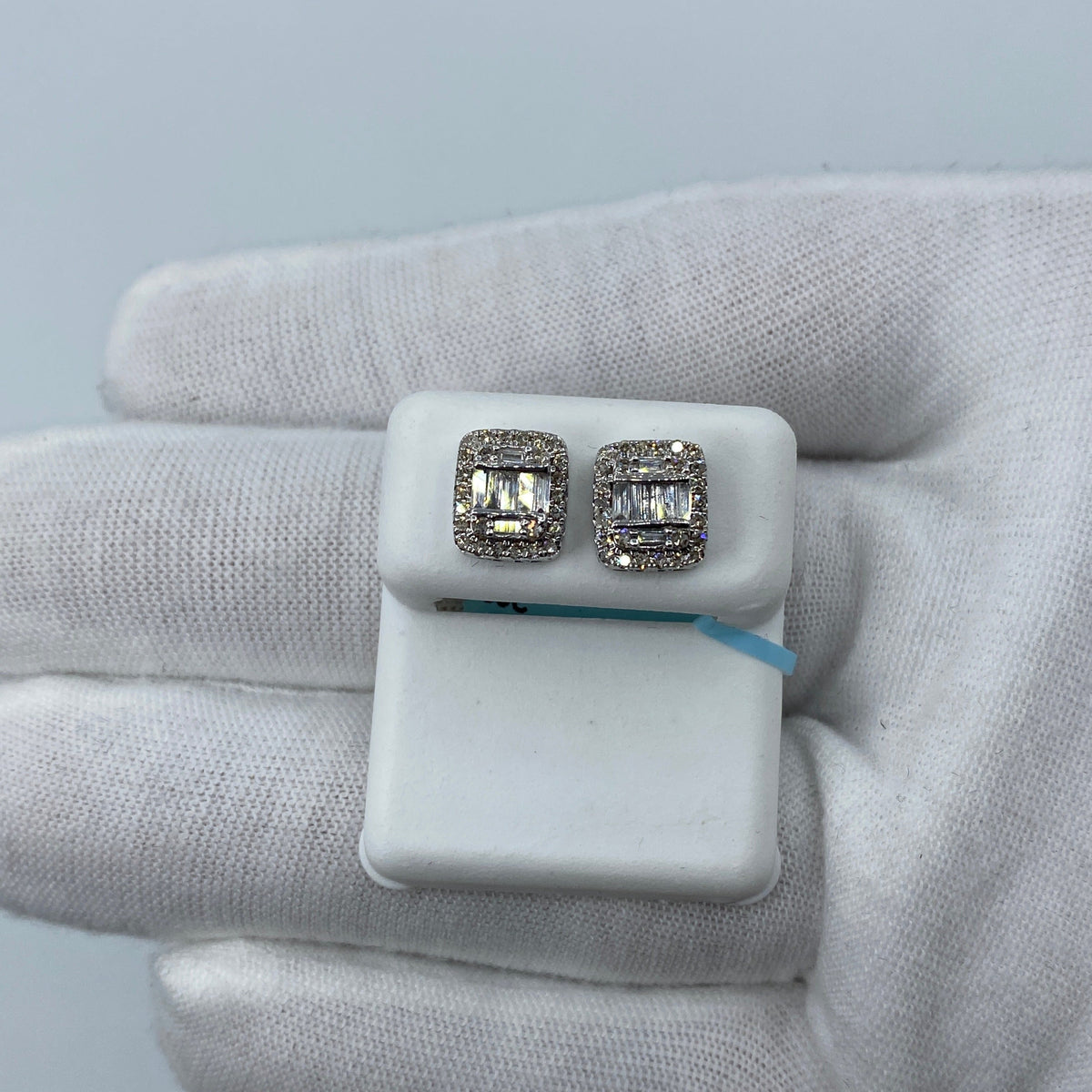 14K Gold Jumbo Rectangle Halo Diamond Baguette Earrings in white gold - close-up product photo