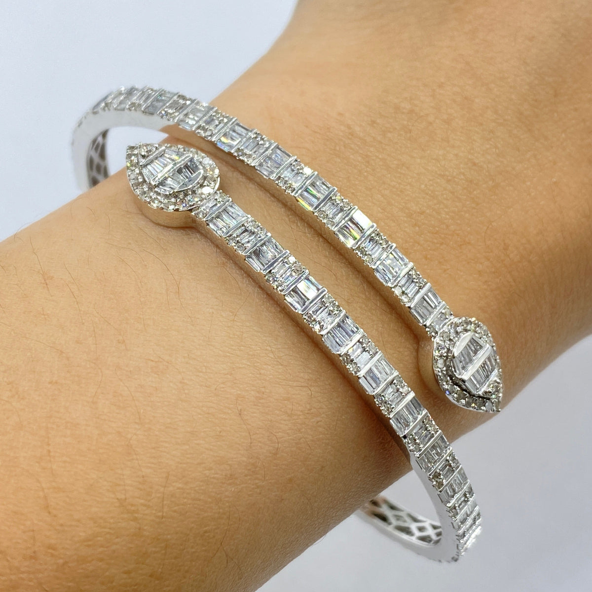 Pear Shape Diamond Baguette Bangle Bracelet 6.5 in in white - close-up product photo