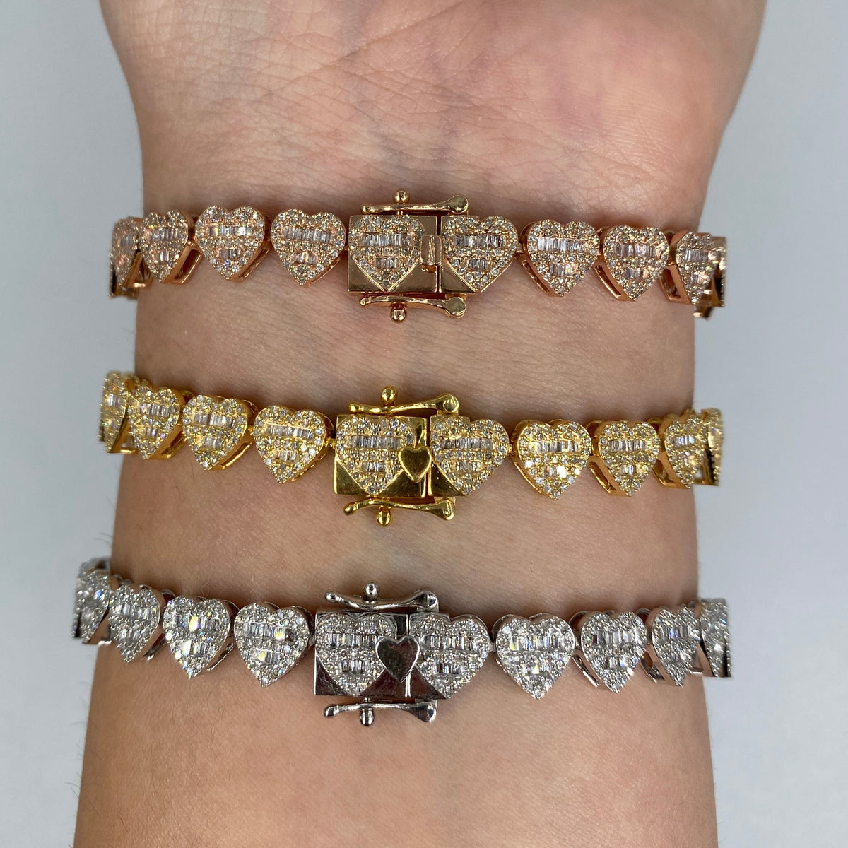 14K Gold 9mm Hearts Link Diamond Baguette Bracelet 6.5–7.5 in - additional product view 3