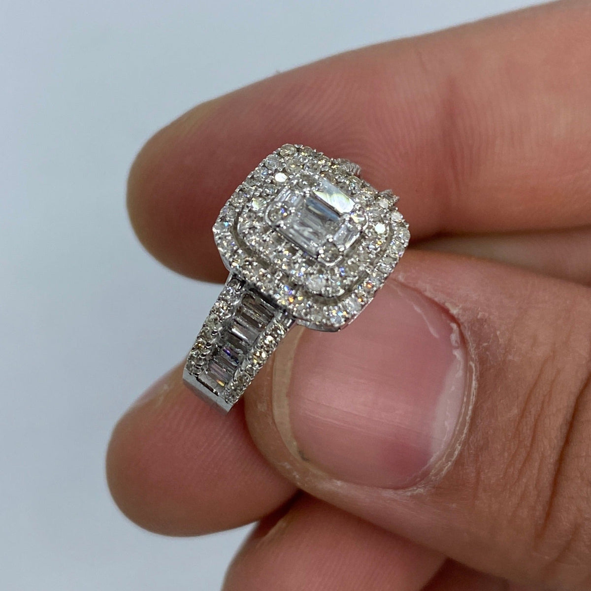 14K Gold Square Diamond with Baguette Center Engagement Ring in white gold - close-up product photo