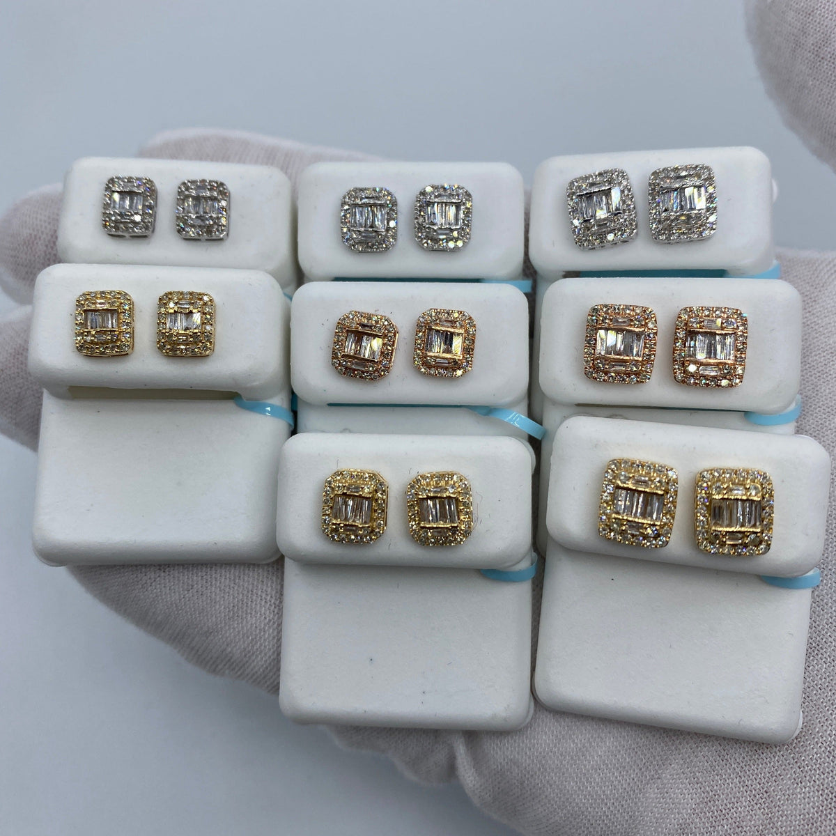 14K Gold Rectangle Halo Diamond Baguette Earrings - main product photo