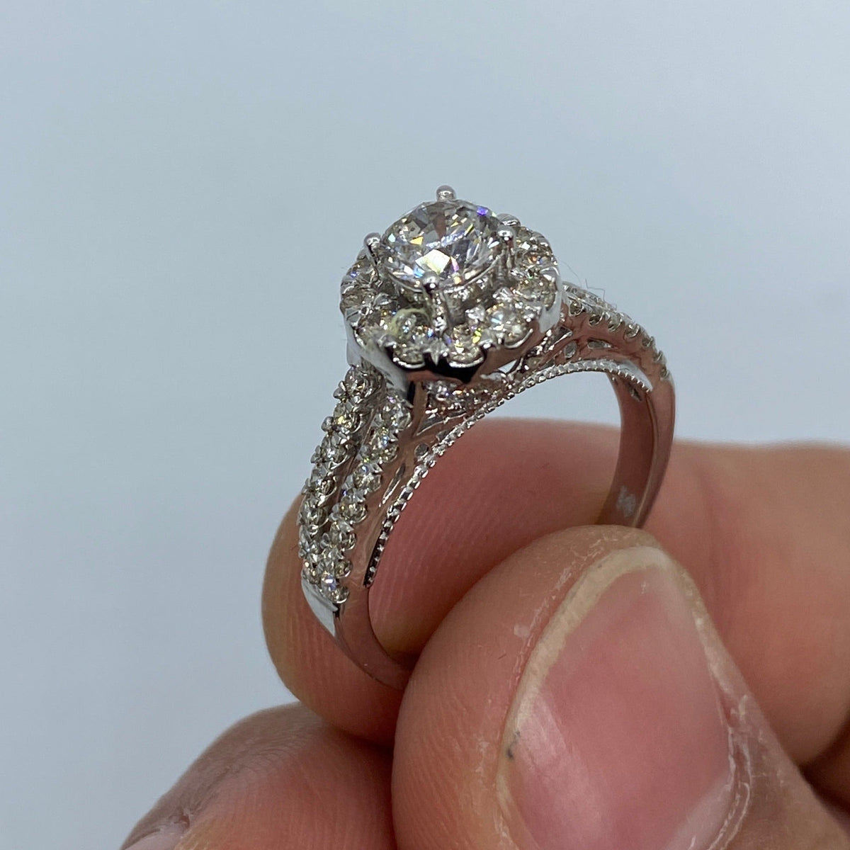 14K Gold Large Circle Stone Diamond Engagement Ring in white gold - close-up product photo