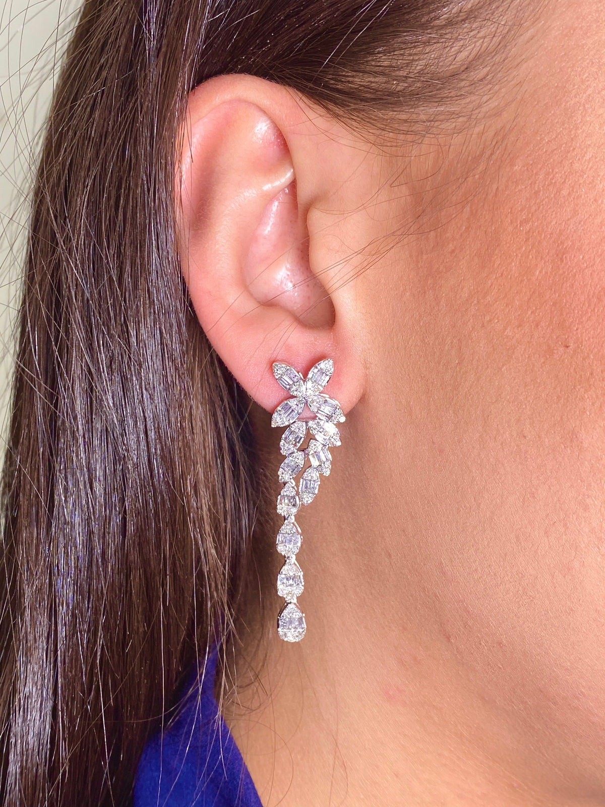 14K Gold Bridal Flower Baguette Hanging Diamond Earrings - additional product view 2