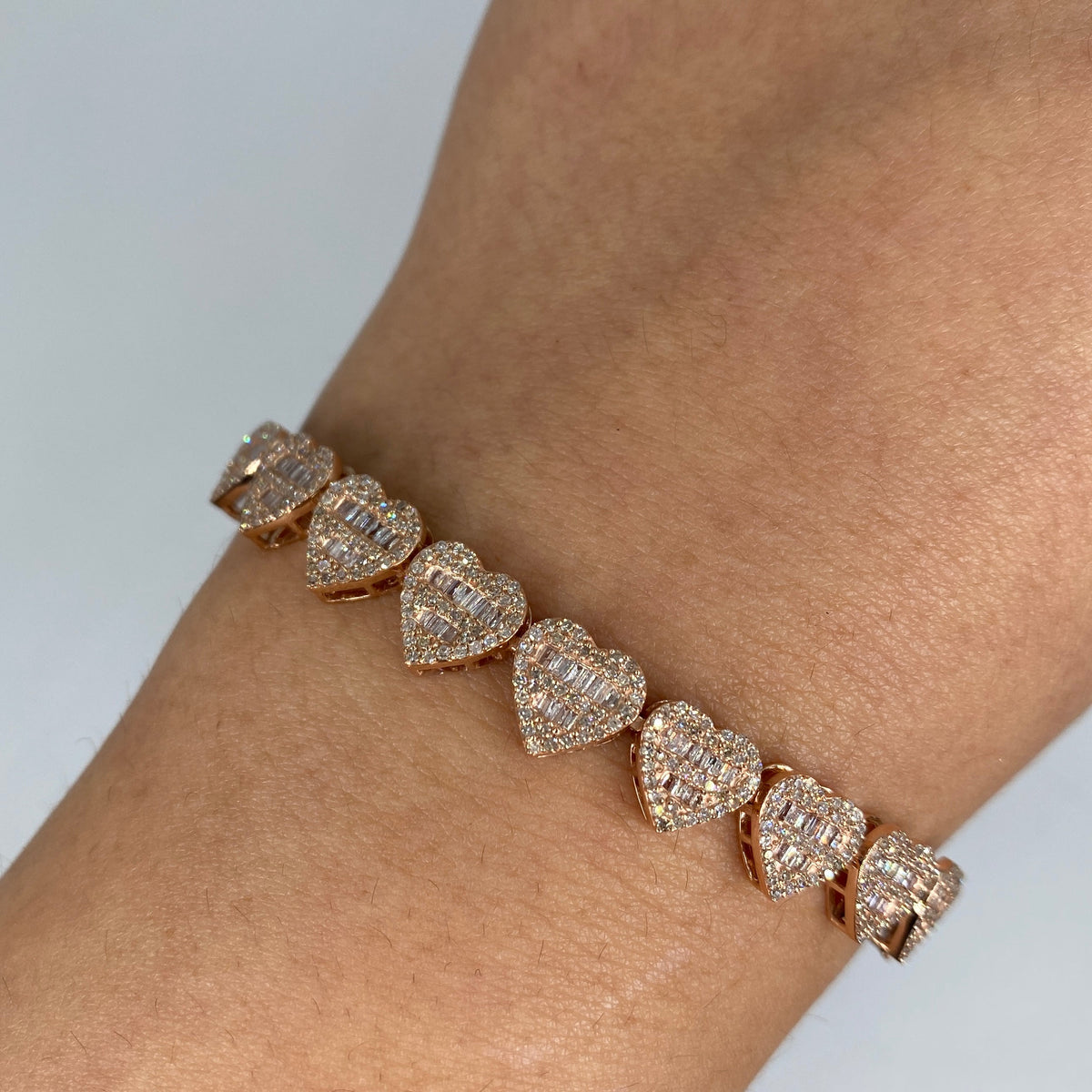 14K Gold 9mm Hearts Link Diamond Baguette Bracelet 6.5–7.5 in in rose gold, 6.5" - close-up product photo