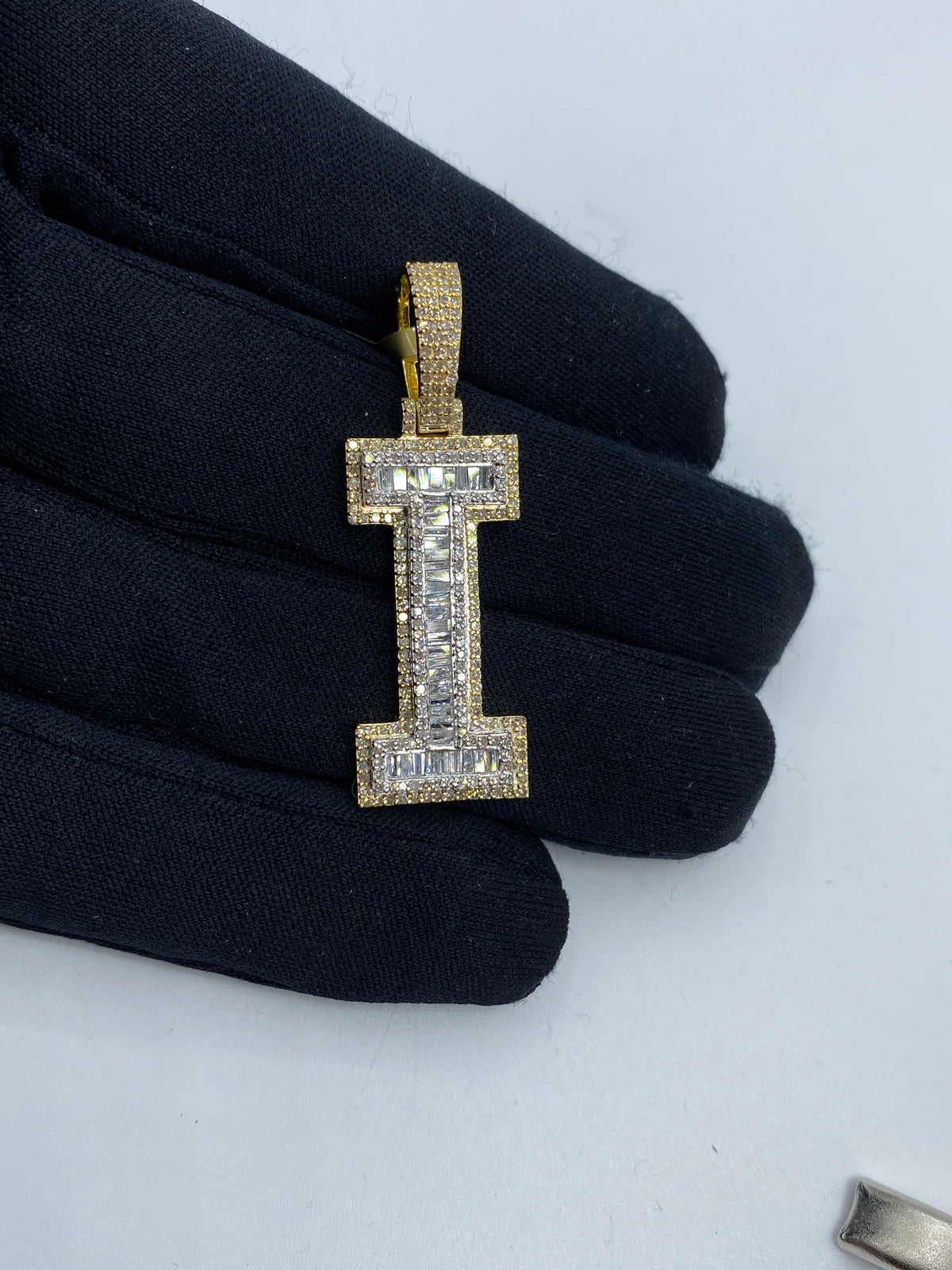 Initial I Baguette Diamond Pendant in yellow - close-up product photo
