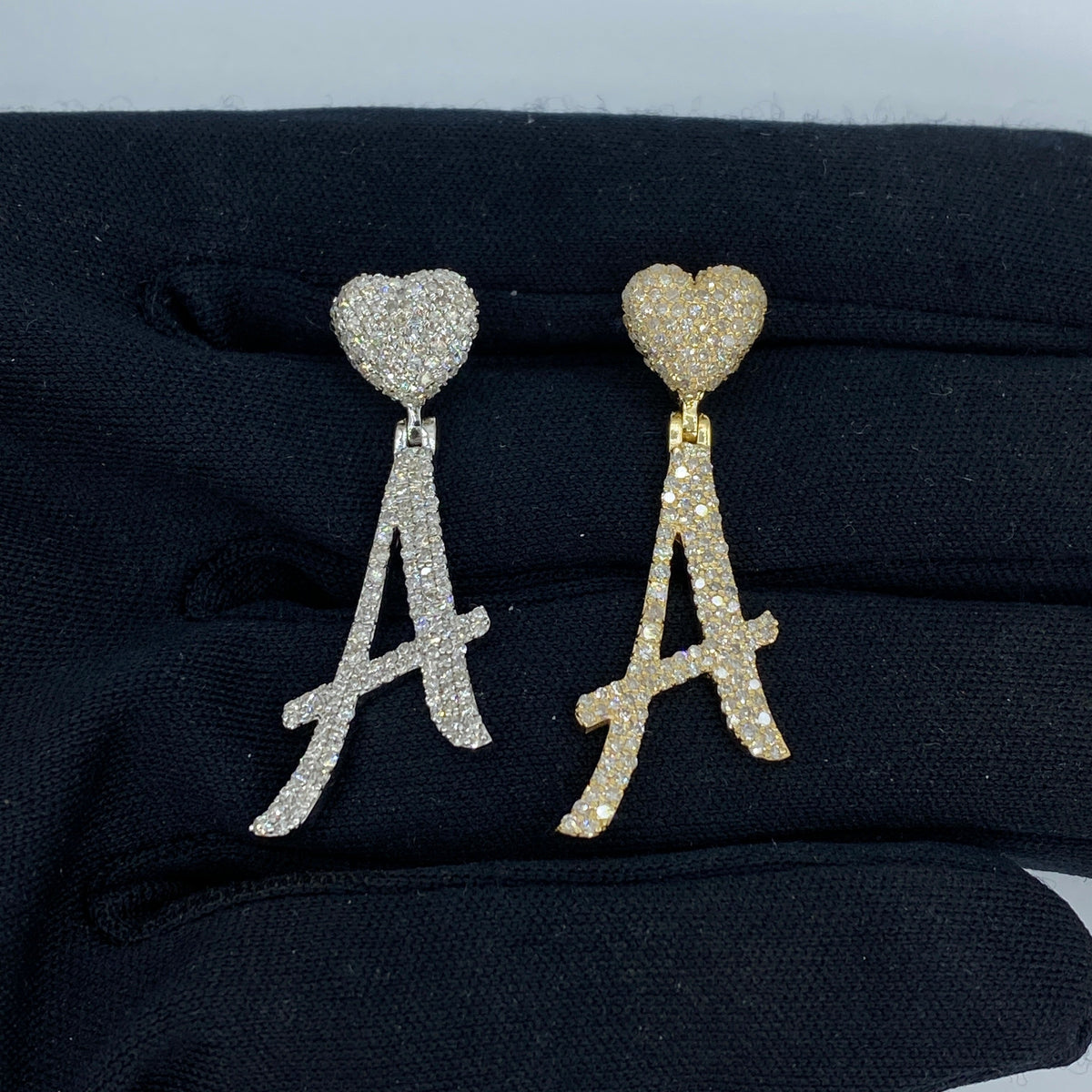 14K Gold Script Initial Letter Heart Diamond Pendants Full Collection in yellow gold - close-up product photo
