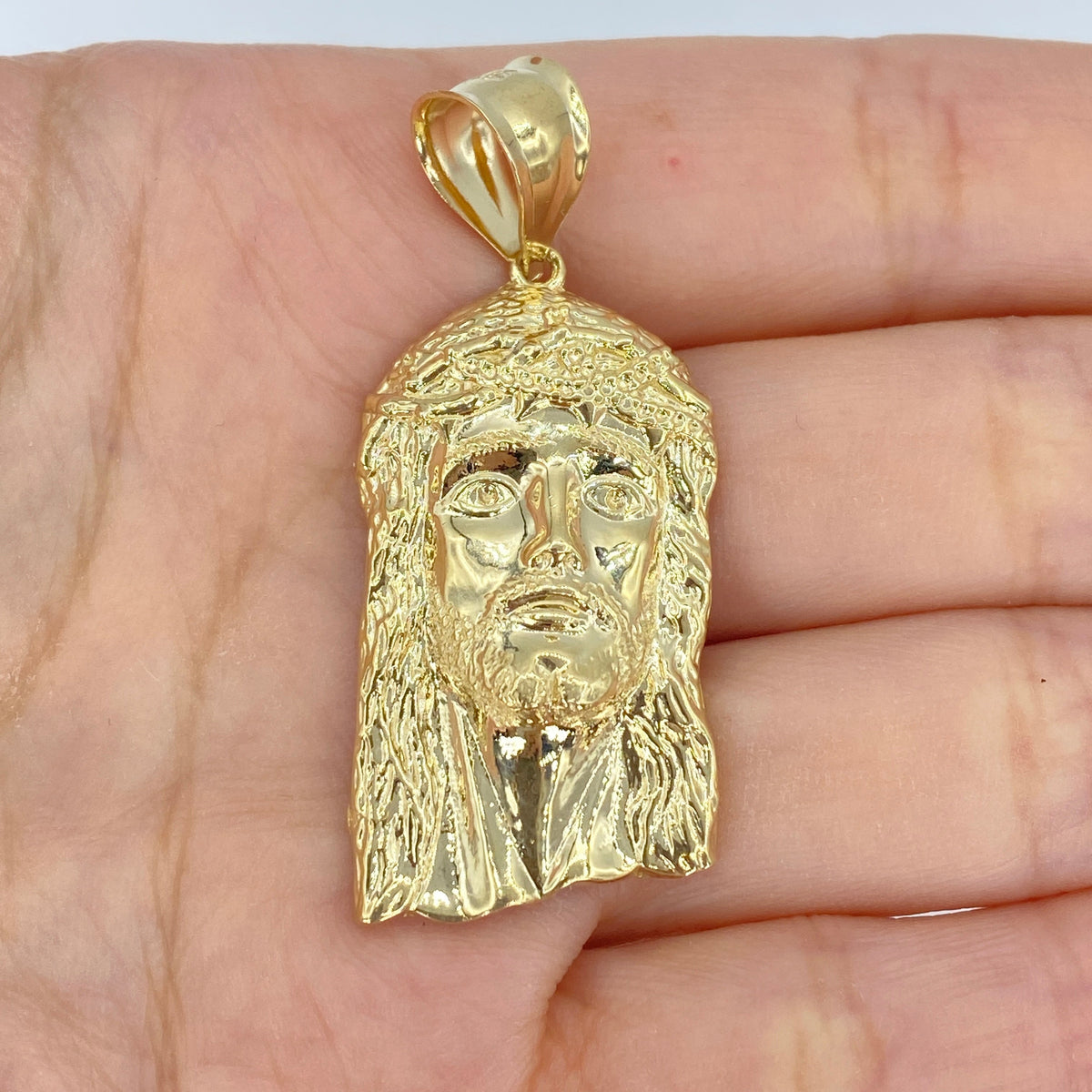 14K Gold Jesus Head Pendant, Small - close-up product photo