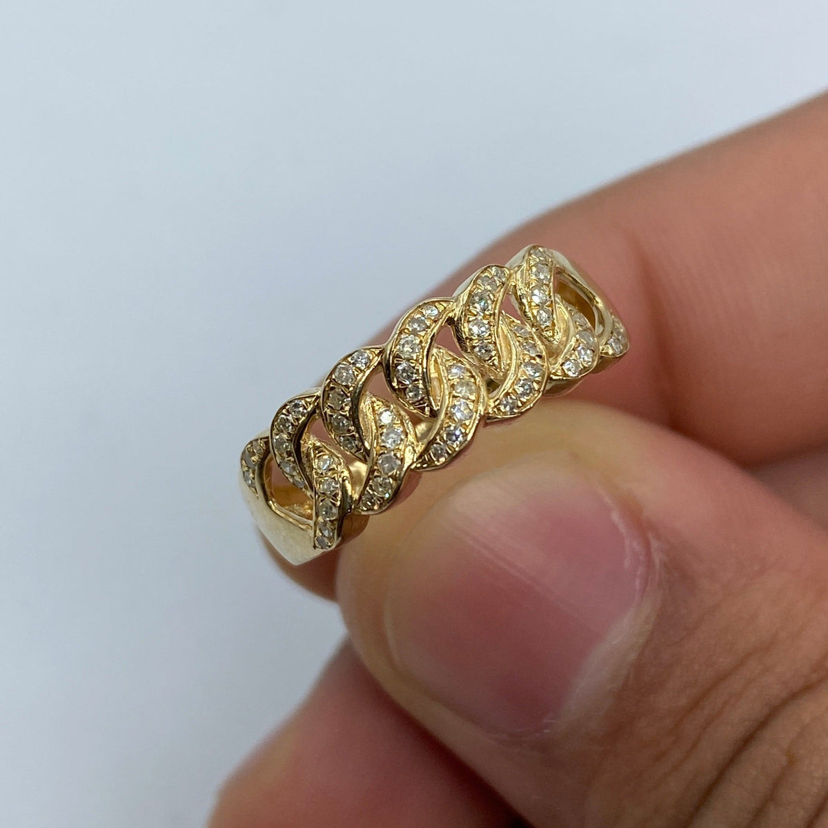 10K Gold Cuban Link Diamond Ring (7mm) in yellow gold - close-up product photo