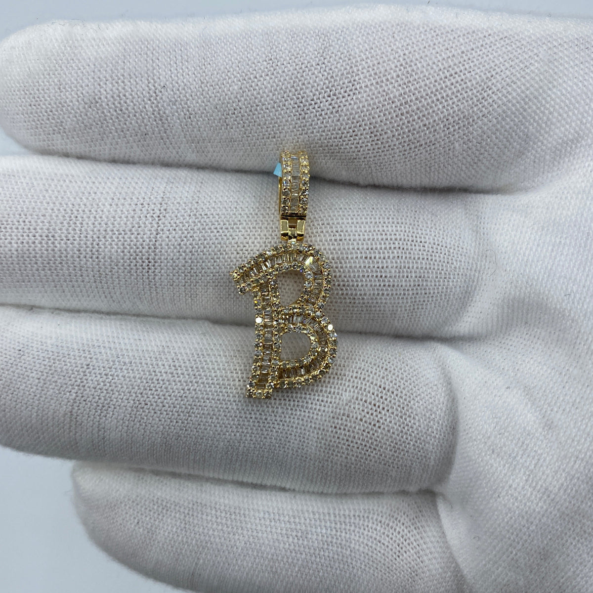 14K Gold Initial B Diamond Baguette Pendant in yellow gold, Small - close-up product photo