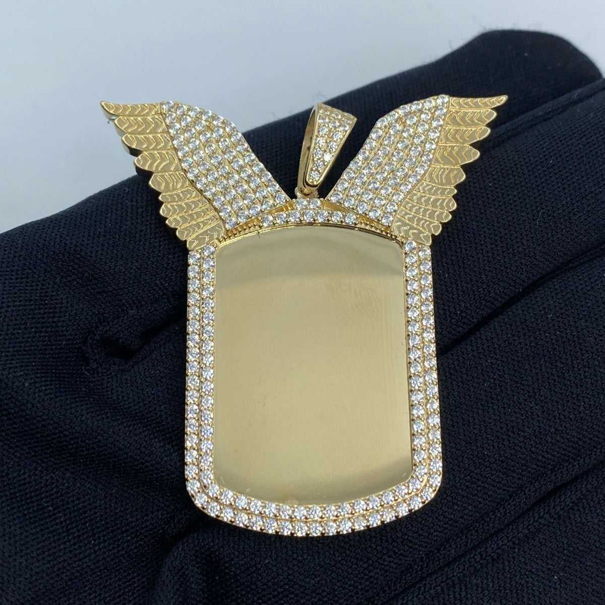 14K Gold Rectangle Angel Wings Picture Photo CZ Pendant - additional product view 2