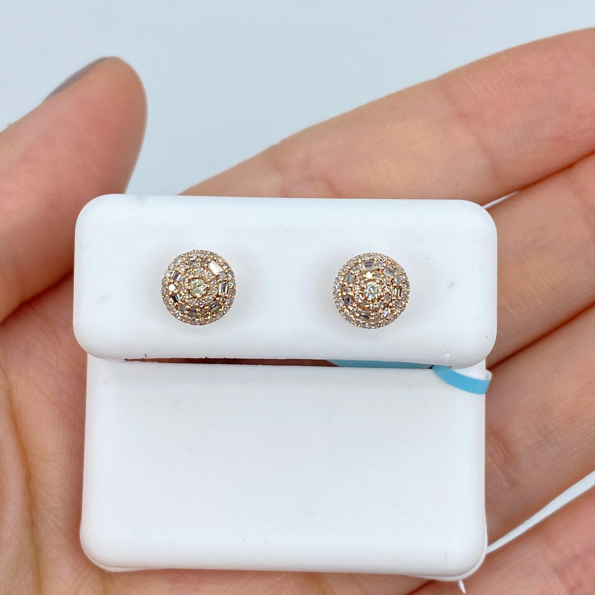 14K Gold 3D Circle Halo Diamond Baguette Earrings in rose gold - close-up product photo