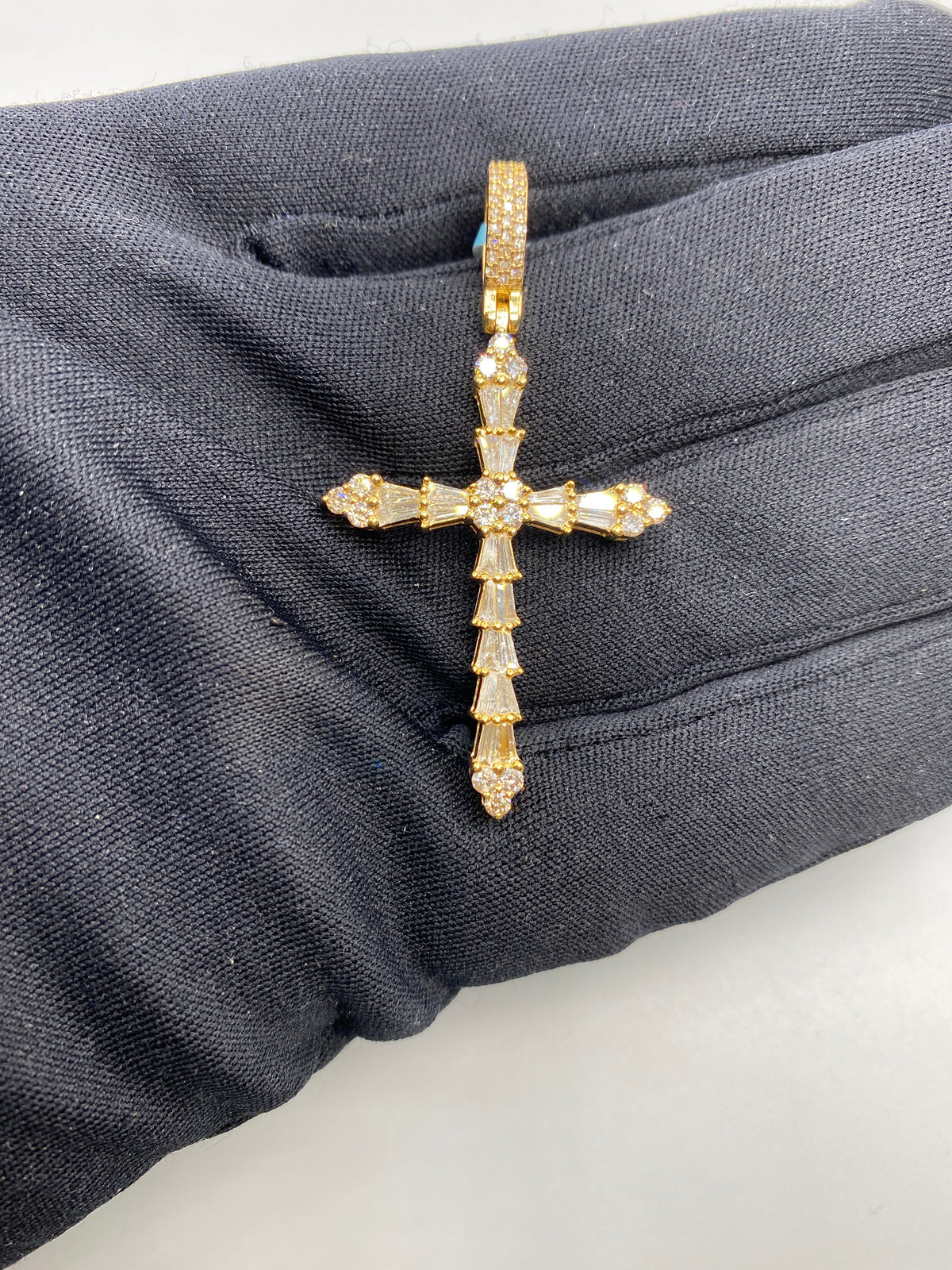 14K Gold Holy Spirit Cross Diamond Baguette Pendant in yellow gold - close-up product photo