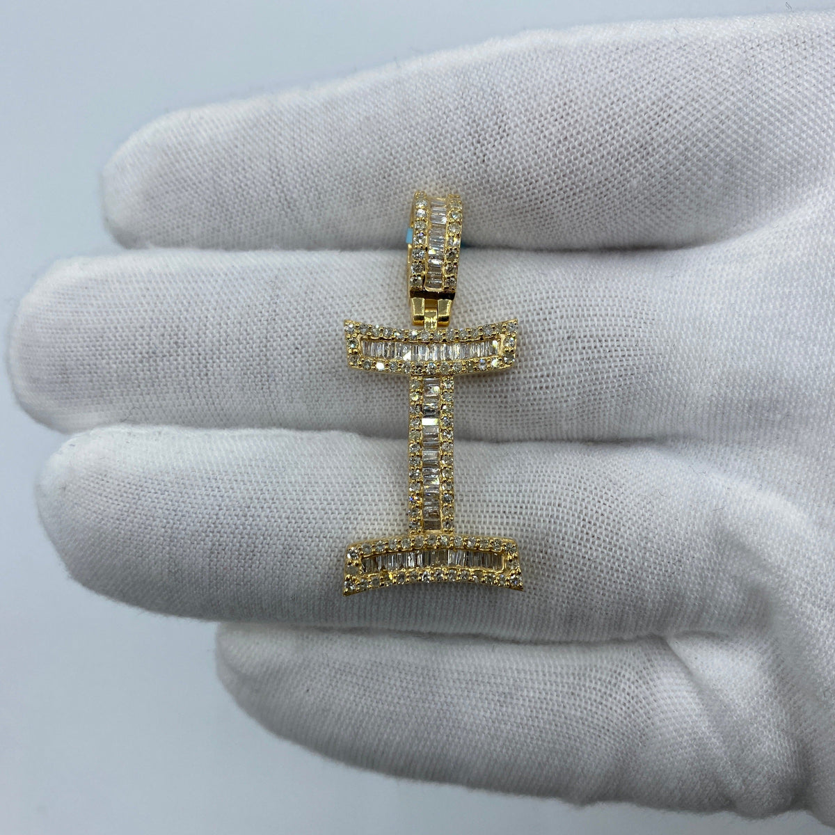 14K Gold Initial I Diamond Baguette Pendant in yellow gold, Large - close-up product photo