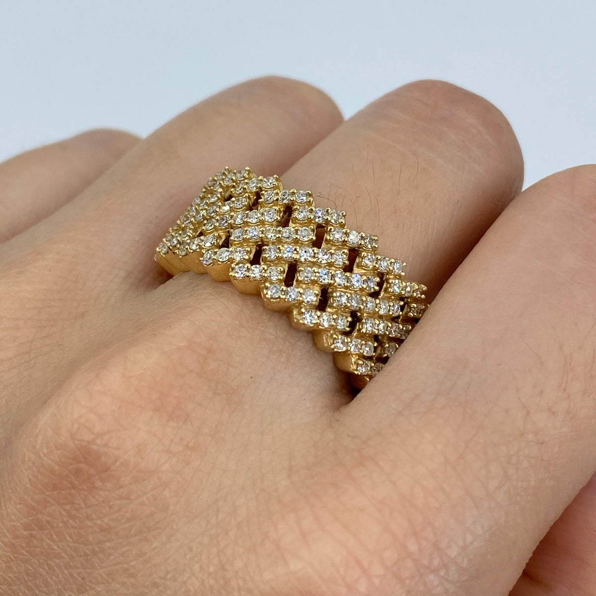14K Gold Double Cuban Link Diamond Ring in yellow gold - close-up product photo