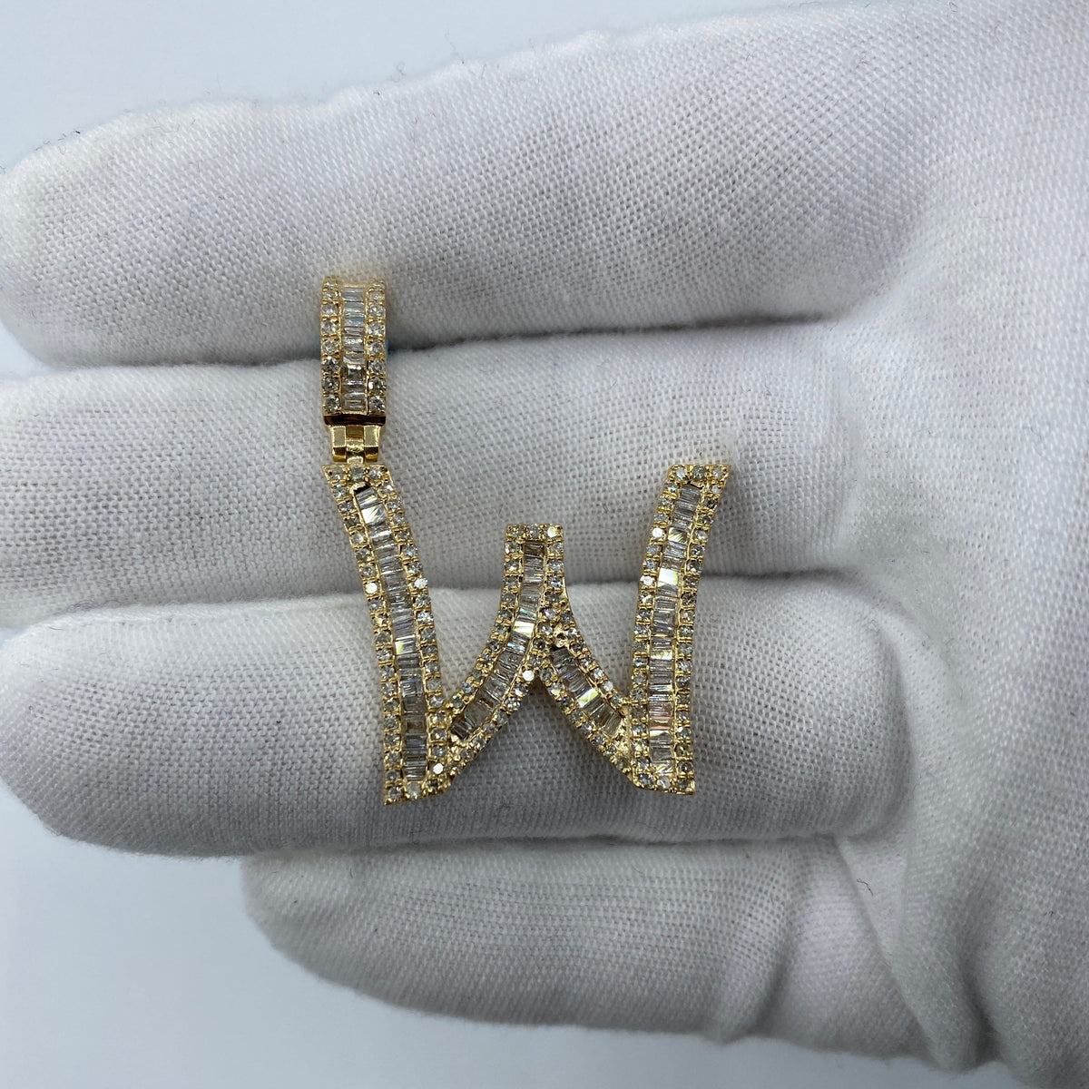 14K Gold Initial W Diamond Baguette Pendant in yellow gold, Large - close-up product photo