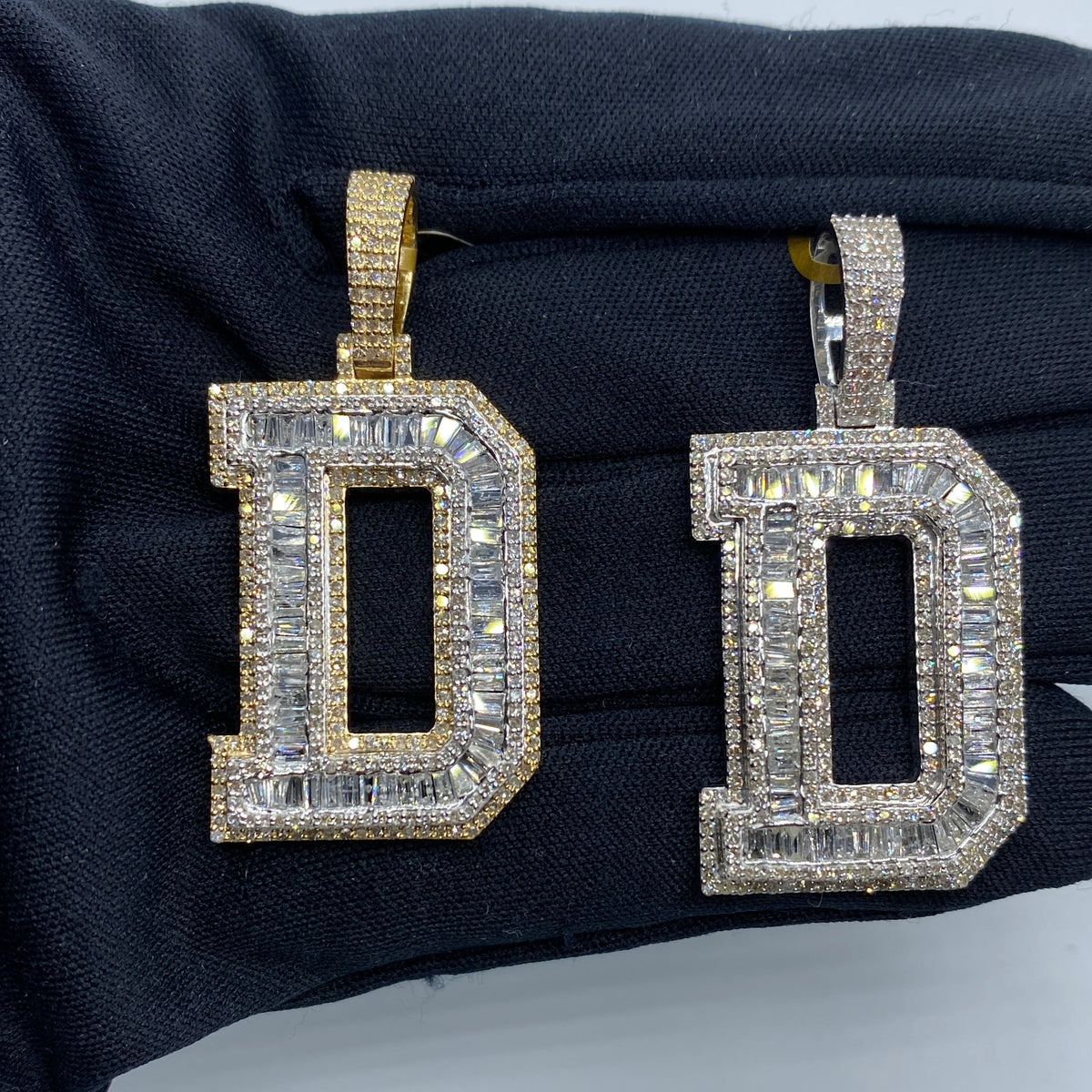 10K Gold Varsity Initial Letter Diamond Baguette Pendants Full Collection in yellow gold - close-up product photo