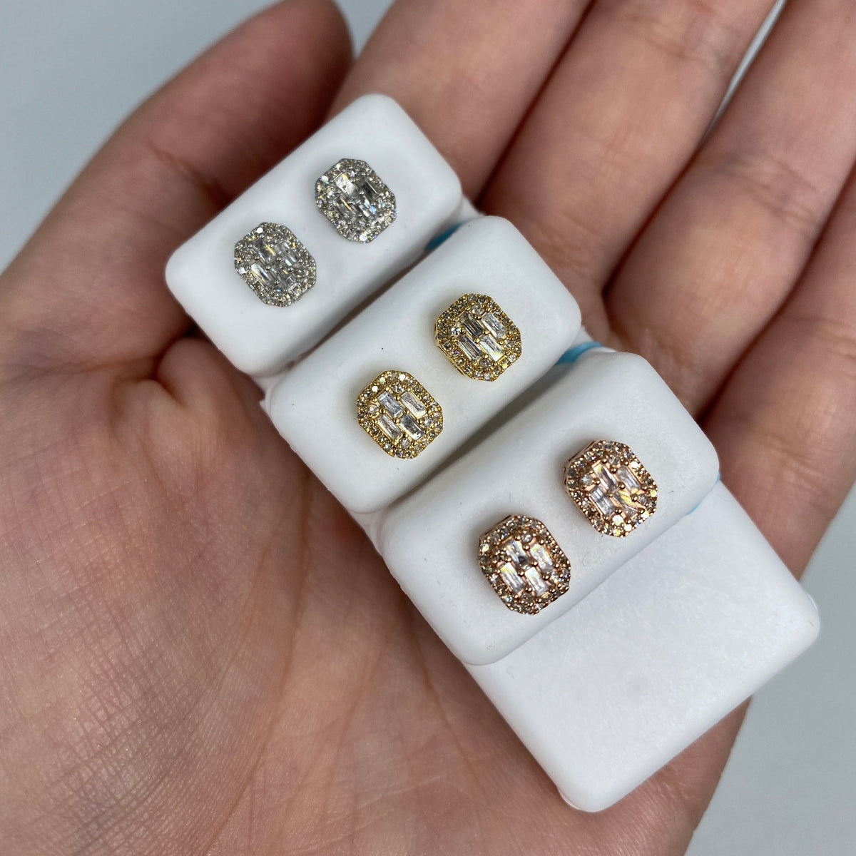 14K Gold Small Rectangle Rounded Halo Diamond Baguette Earrings - additional product view 2