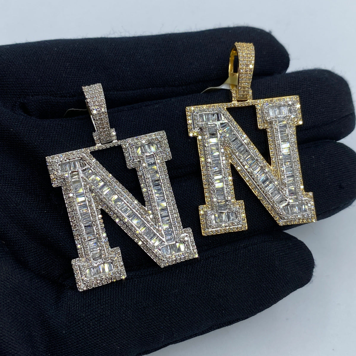 10K Gold Varsity Initial Letter Diamond Baguette Pendants Full Collection in yellow gold - close-up product photo