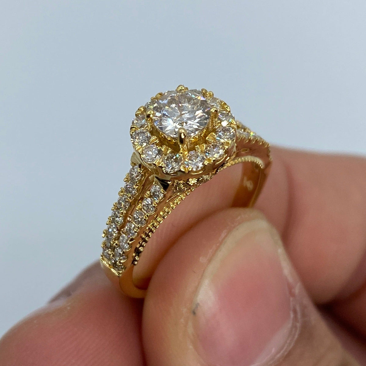 14K Gold Large Circle Stone Diamond Engagement Ring in yellow gold - close-up product photo