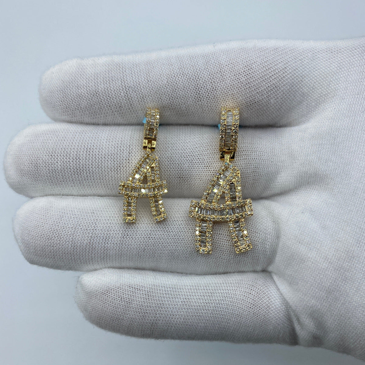 14K Gold Bamboo Initial Letter Diamond Baguette Pendants Full Collection in yellow gold, Small - close-up product photo